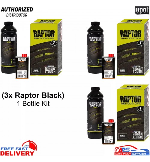 U-POL RAPTOR 0.95L 3x Black Bed Liner Kit with Hardener – Tough 2K Coating